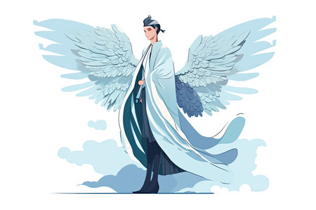 Angel in the sky with wings. Vector illustration in cartoon style.の素材