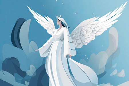 Angel with wings on a blue background. Vector illustration in flat style.の素材