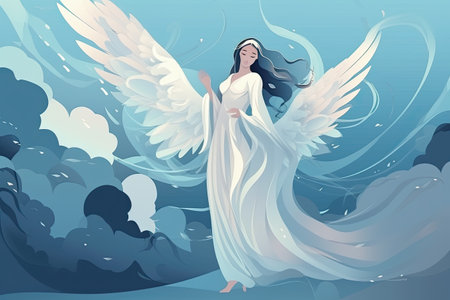 Angel. Vector illustration of a beautiful girl in a white dress with wings.の素材