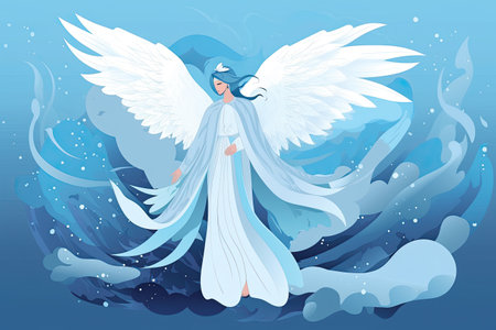 Angel with white wings on blue sea background. Vector cartoon illustration.の素材
