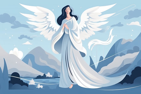 Angel with wings in the sky. Vector illustration in cartoon style.の素材
