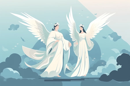 Nativity scene with two angels. Vector illustration in flat style.の素材