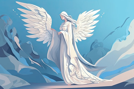 Illustration of a beautiful girl in a white dress with wings on the background of mountainsの素材