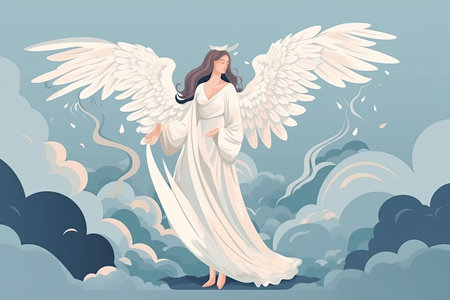 Angel with wings in the clouds. Vector illustration in cartoon style.の素材