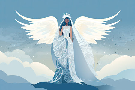 Angel with white wings in the sky. Vector illustration in flat style.の素材