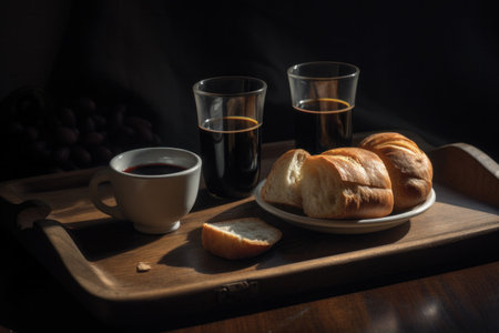 Coffee and croissants on a wooden tray with dark backgroundの素材