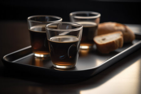 Coffee in a glass on a tray on a black backgroundの素材