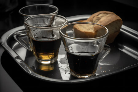 Espresso in a glass and bread on a tray in a restaurantの素材