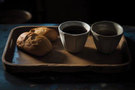 Coffee and bread on wooden tray in dark tone, stock photoの素材