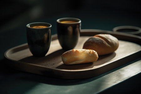 Coffee and croissants on a tray in a cafeの素材