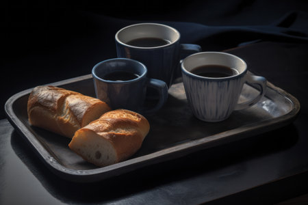 Coffee and baguette on a tray with black backgroundの素材