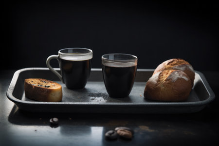 Coffee and bread on a black background. Toned.の素材
