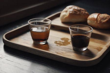 Two glasses of coffee and bread on a wooden tray. Dark background.の素材