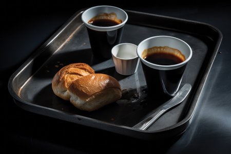 Breakfast with coffee and croissants on the black background.の素材