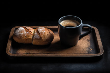 Coffee and bread on a wooden tray. Toned.の素材