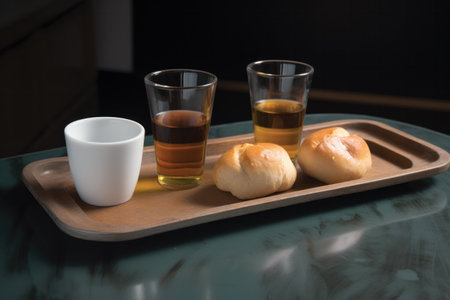 Two glasses of whiskey and two buns on the table in a restaurantの素材