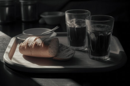Breakfast with coffee and bread on the table in black and whiteの素材