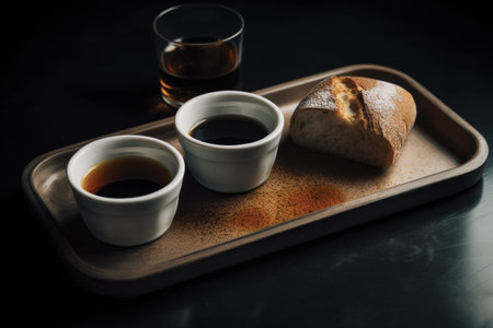 Coffee and bread on a wooden tray. Black background.の素材