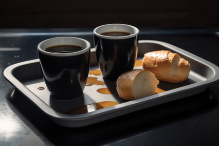 Coffee and bread on a tray on a dark background.の素材
