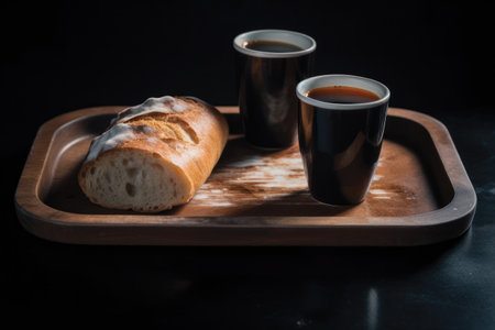 Coffee and bread on a wooden tray. Black background.の素材
