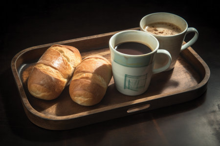 Coffee and croissants on a wooden tray with black backgroundの素材