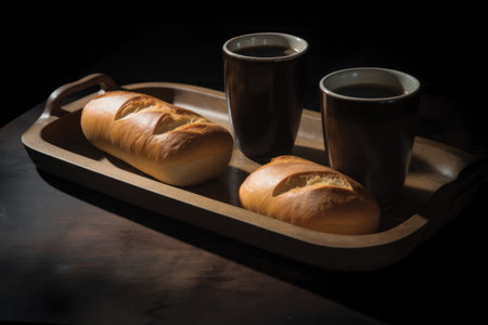 Coffee and bread on a wooden tray. Black background.の素材