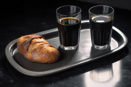 Two glasses of cola and croissant on a metal trayの素材