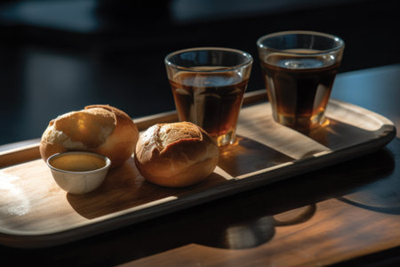 Coffee and buns on a wooden tray. Selective focus.の素材