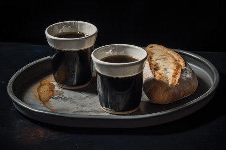 Coffee and bread on a tray. Black background. Toned.の素材