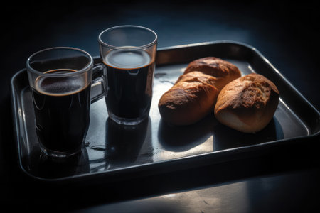 Coffee and bread on a tray. Selective focus. Toned.の素材