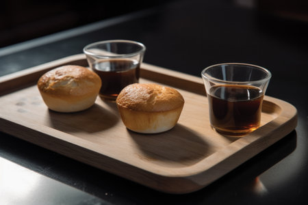 Bread and tea on a wooden tray on a black background.の素材