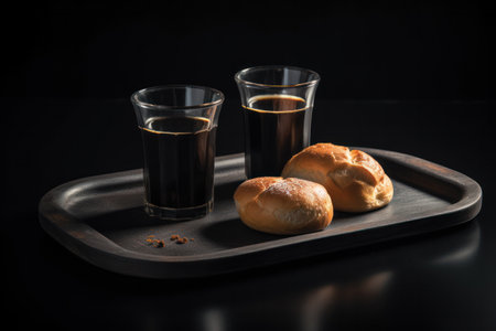 Two glasses of black coffee and bread on a wooden tray on a black backgroundの素材