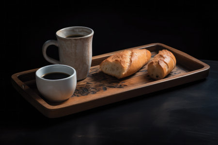 Coffee cup and baguette on wooden tray on black backgroundの素材