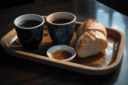 Coffee and bread on wooden tray in coffee shop, stock photoの素材