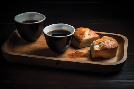 Coffee and bread on a wooden tray. Toned.の素材
