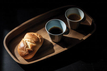 Two cups of coffee on a wooden tray and bread on a black backgroundの素材