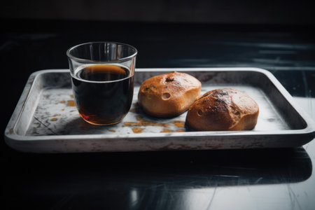 Bread and coffee on a black background. Selective focus. Toned.の素材