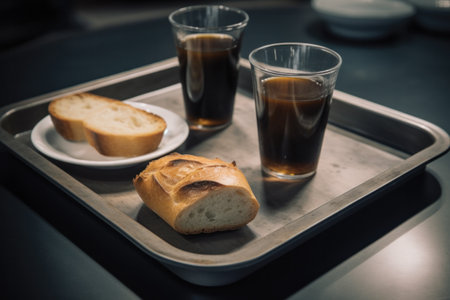 Coffee and bread on tray in coffee shop, vintage toneの素材
