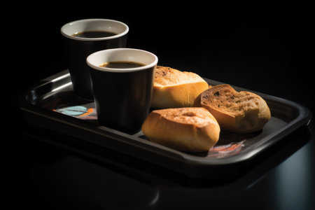 Coffee and bread on a tray on a black background.の素材