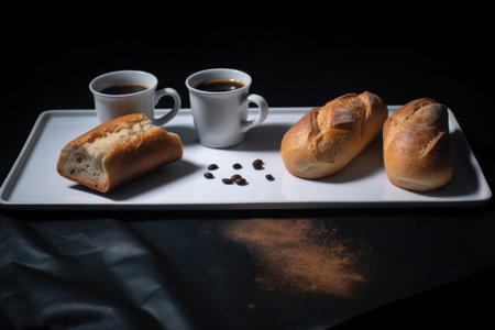 Coffee and bread on a white plate on a black backgroundの素材