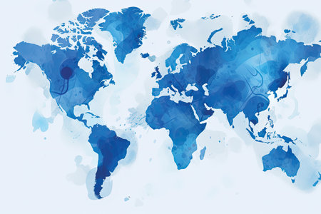 Blue watercolor world map. Watercolor world map on white background.の素材