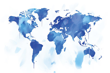 Blue watercolor world map on white background. Vector Illustration.の素材