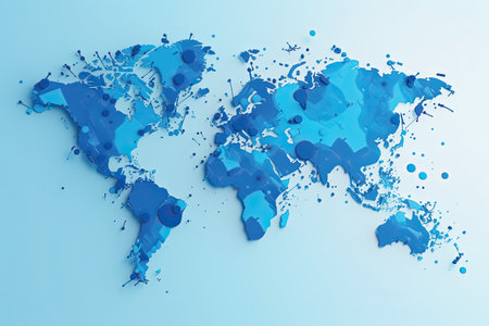 Map of the world with blue paint splashes on a blue backgroundの素材