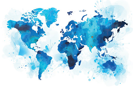 World map with watercolor splashes in blue colors. Vector illustration.の素材