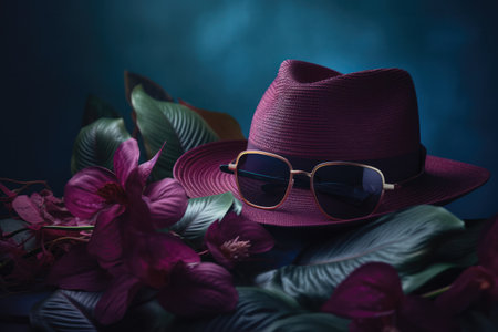 Vintage hat, sunglasses and orchid flowers on dark background.の素材