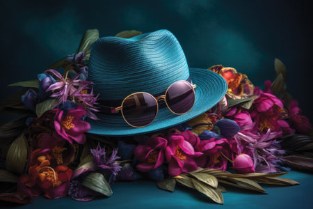 Straw hat, sunglasses and flowers on a dark blue background.の素材