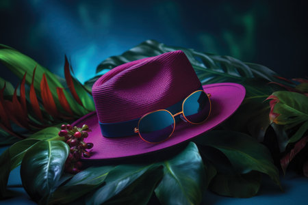 Vintage hat with sunglasses and tropical leaves on dark background. Summer fashion concept.の素材