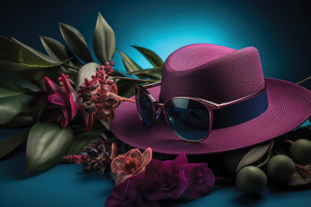 Women's hat, sunglasses and flowers on a dark blue background.の素材