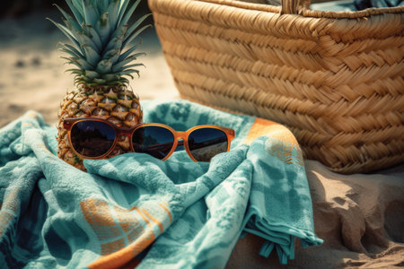 Pineapple with sunglasses and towel on the beach. Vacation conceptの素材