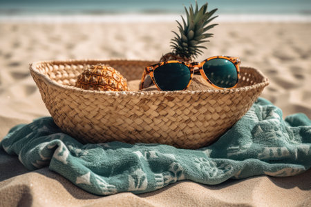 Wicker basket with sunglasses and pineapples on the sandy beachの素材